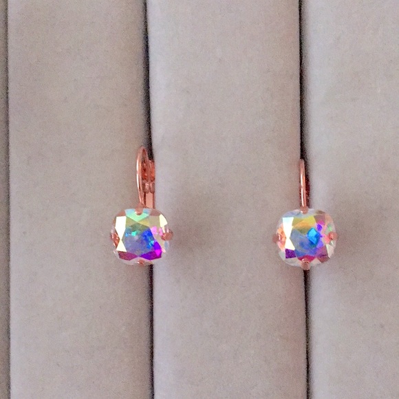 Jewelry - Aurora Borealis + Rose Gold Cushion Cut Crystal Drop Earrings